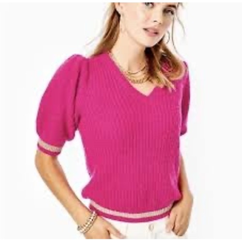 Lily Pulitzer sweater v neck hot pink short sleeve size xl excellent condition